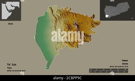 Form von Ta`izz, Gouvernement des Jemen, und seine Hauptstadt. Entfernungsskala, Vorschauen und Beschriftungen. Topografische Reliefkarte. 3D-Rendering Stockfoto